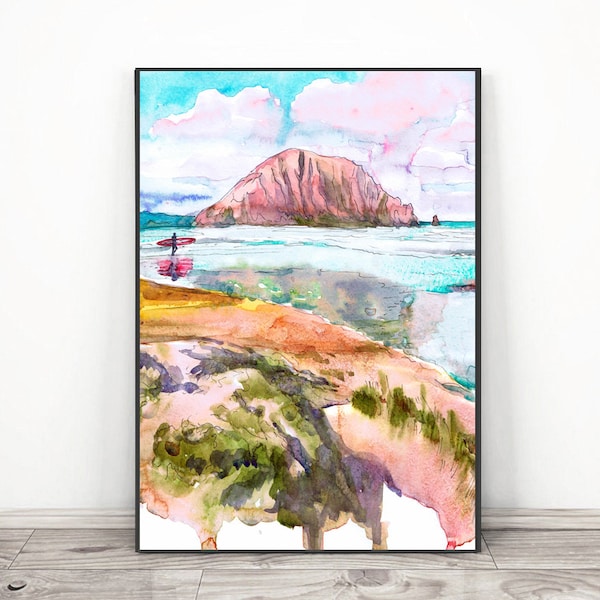 Morro Bay Wall Art Print, CA Watercolor Painting, Seascape Print,  California Coast Landscape Poster, Surfing art print by Valentina Ra