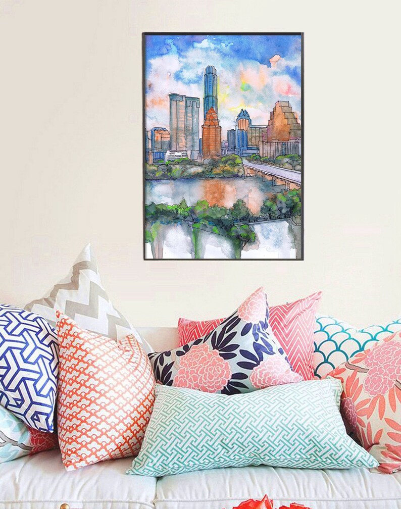 Austin Texas Wall Art Skyline Cityscape Watercolor Painting Etsy