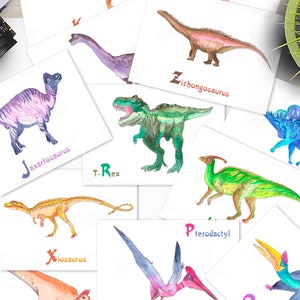 ABC Flash Cards Dinosaur 26 Alphabet Prints Animals Watercolor Painting ...