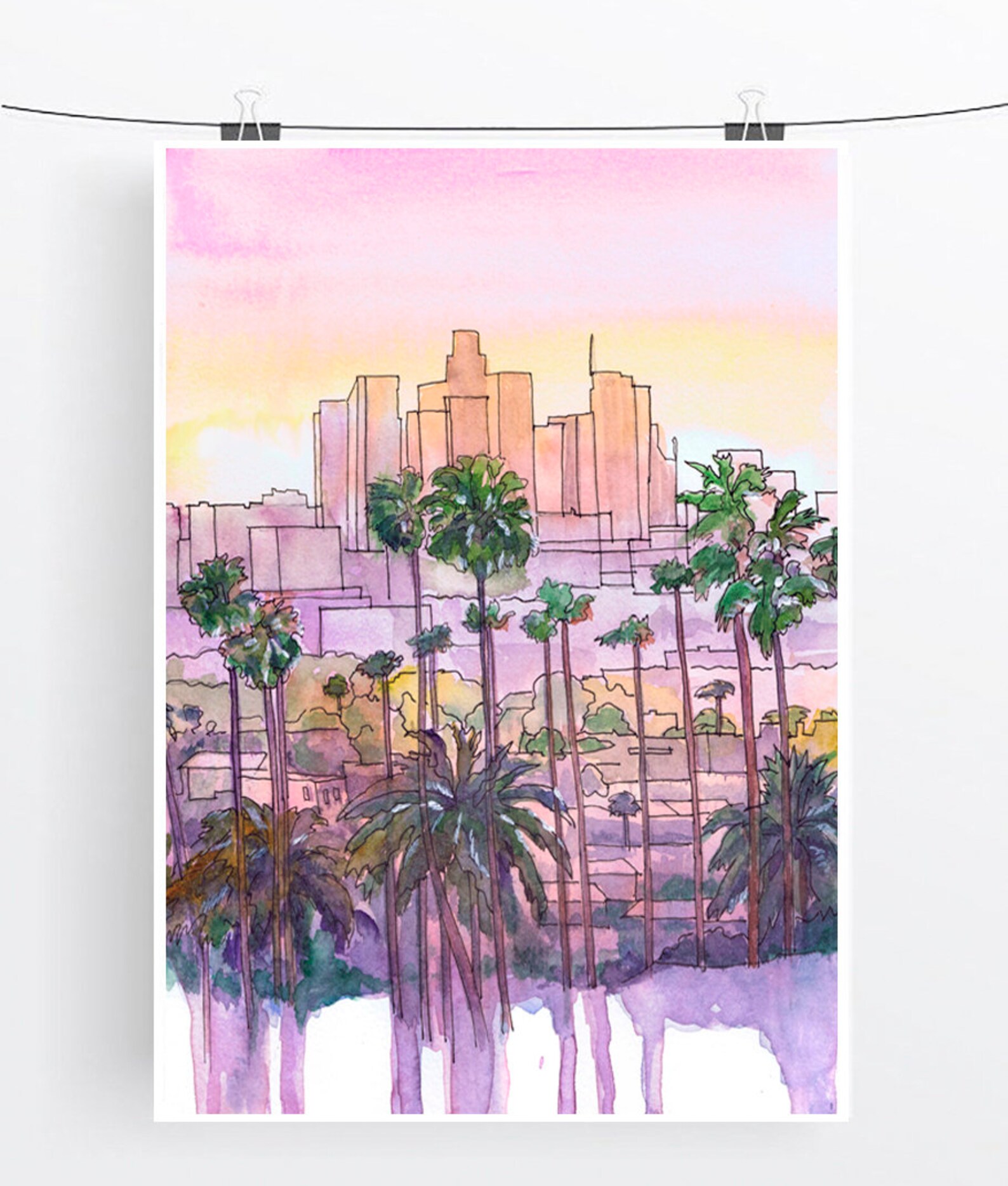 Los Angeles Art Print Skyline Watercolor Painting California Etsy