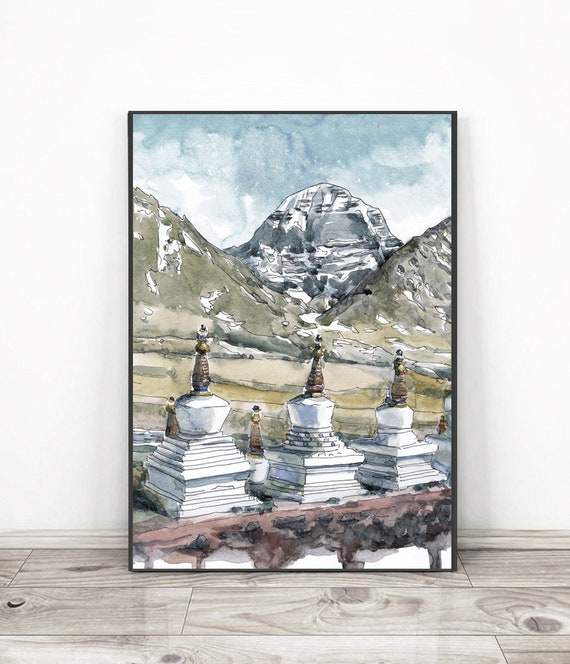 カイラス山 - 山の壁画、チベットヒマラヤの水彩画、アジアの旅行