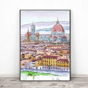 Florence Italy  Wall art Europe skyline- Duomo Watercolor Print - Tuscany painting
