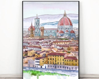 Florence Italy  Wall art Europe skyline- Duomo Watercolor Print - Tuscany painting