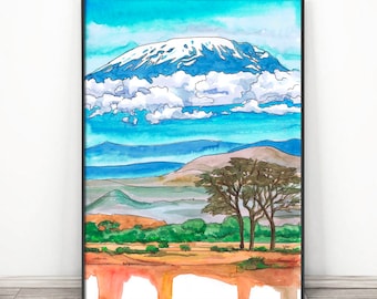 Kilimanjaro Druck - Afrikanische Landschaft Berg Wand Kunst Aquarell Malerei, Seven Gipfels Reise Poster