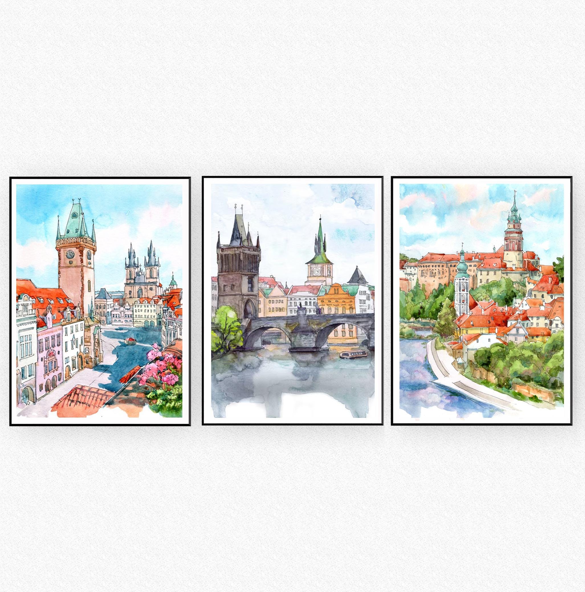 チェコ共和国水彩画セット: プラハ & チェスキー クルムロフ アート