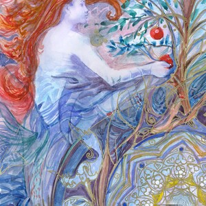 May include: Watercolor painting of a woman with flowing red hair reaching for a red apple on a tree. The artwork features shades of blue, purple, and gold, with a decorative mandala-like pattern in the foreground.