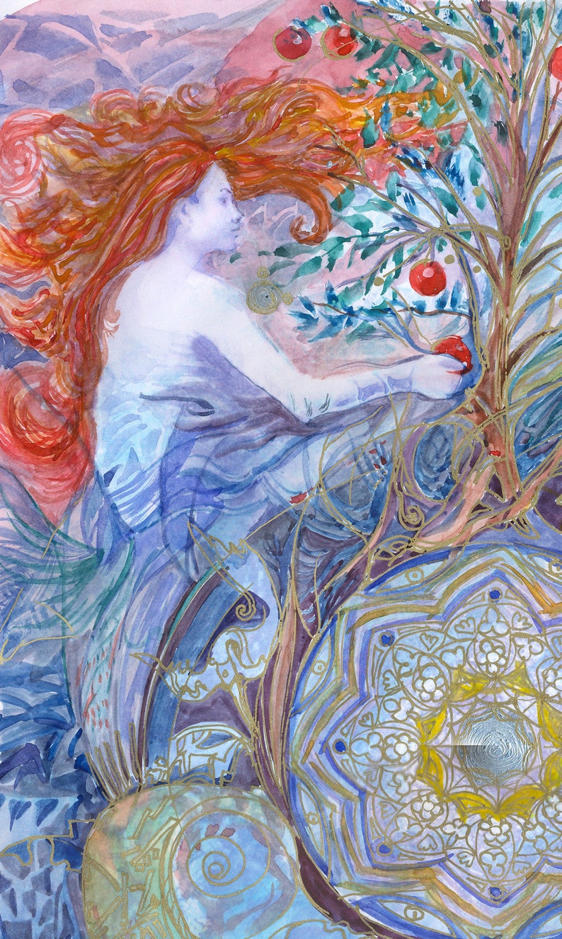 May include: Watercolor painting of a woman with flowing red hair reaching for a red apple on a tree. The artwork features shades of blue, purple, and gold, with a decorative mandala-like pattern in the foreground.