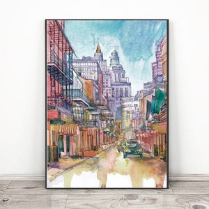 New Orleans Skyline Art Print, City Art Watercolor Painting Landscape, Louisiana Cityscape Wall art Grey