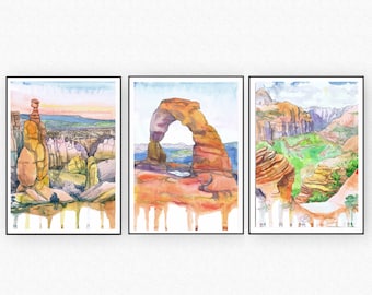 Utah National park Set of 3 Prints Watercolor Painting -  Zion, Arches, Bryce canyon Hiking wall art