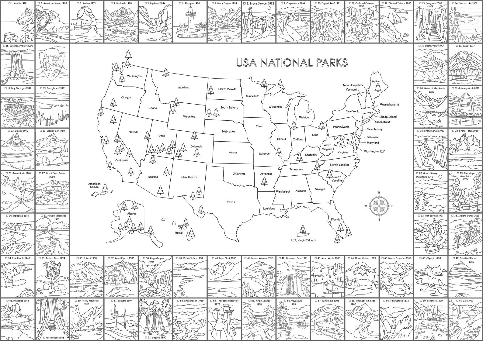 National Park Printable Map With Checklist Black and White US - Etsy Canada