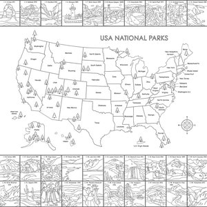 National Park Printable Map with Checklist,  Black and White US Map Poster, Coloring page