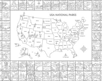 National Park Printable Map with Checklist,  Black and White US Map Poster, Coloring page