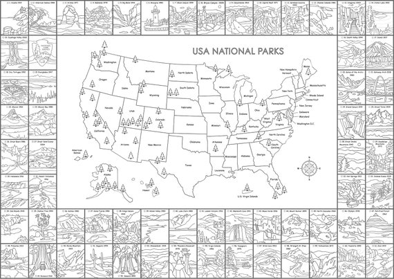 National Park Printable Map With Checklist Black And White Etsy