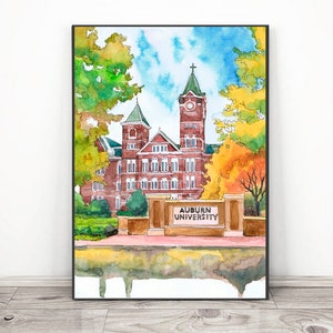 Auburn university Art Print, Watercolor Painting , Alabama Abstract Cityscape