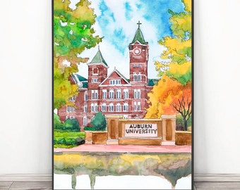 Auburn university Art Print, Watercolor Painting , Alabama Abstract Cityscape