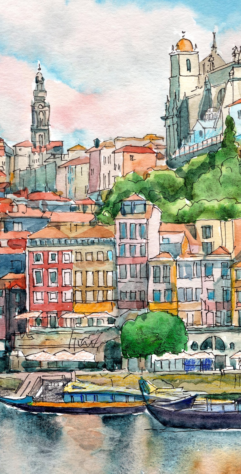 K&ouml;nnte beinhalten: Aquarellmalerei einer Stadtlandschaft mit bunten Geb&auml;uden, einer Kirche mit einer Kuppel und einem Fluss mit Booten. Der Himmel ist hellblau mit rosa Wolken.