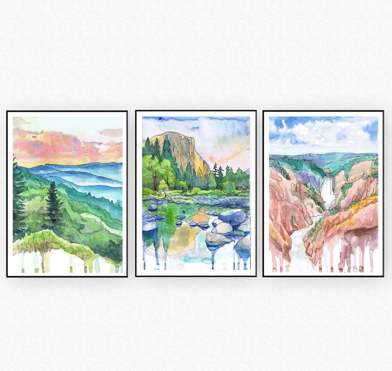 May include: Three watercolor paintings of landscapes. The first painting shows a mountain range with a pink and orange sunset sky. The second painting shows a river with a mountain in the background. The third painting shows a waterfall in a canyon.