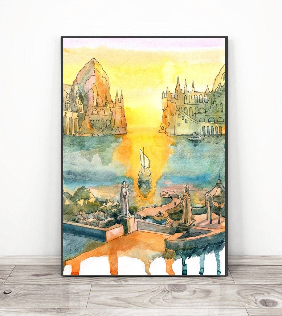 Fantastic city of Elves - Fantasy Art  Movie posters - Fantastic landscape Watercolor Painting jrr Travel  Print