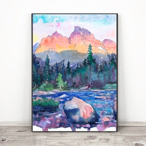 Grand Teton Art National park Poster - Mountains Wall Art Print, Watercolor Painting