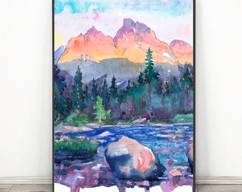 Grand Teton Art National park Poster - Mountains Wall Art Print, Watercolor Painting