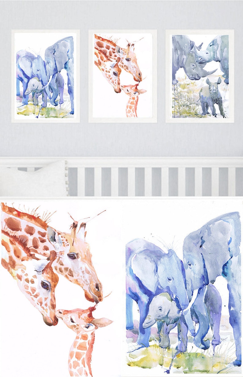 Zoo Animal Nursery Decor Family of 3, Set of 3 Prints, Watercolor Painting , Family Art, Jungle Safari Watercolour Animals are friends Three image 1