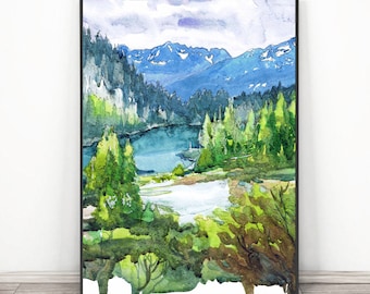 Glacier National park Art, Canada Mountain wall art, Watercolor Painting Print - Hidden lake Poster