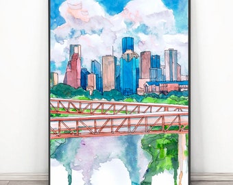 Houston art Print Skyline Texas Watercolor Painting, Landscape,  Cityscape Travel Poster