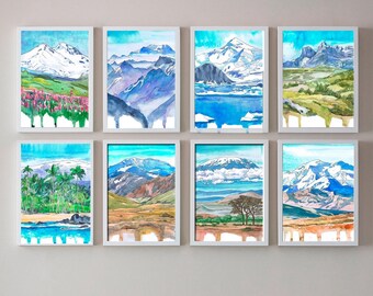 Bergwand Kunstdrucke - Seven Gipfels Aquarell Malerei - Everest, Aconcagua, Denali, Kilimandscharo, Vinson, Elbrus, Puncak Jaya