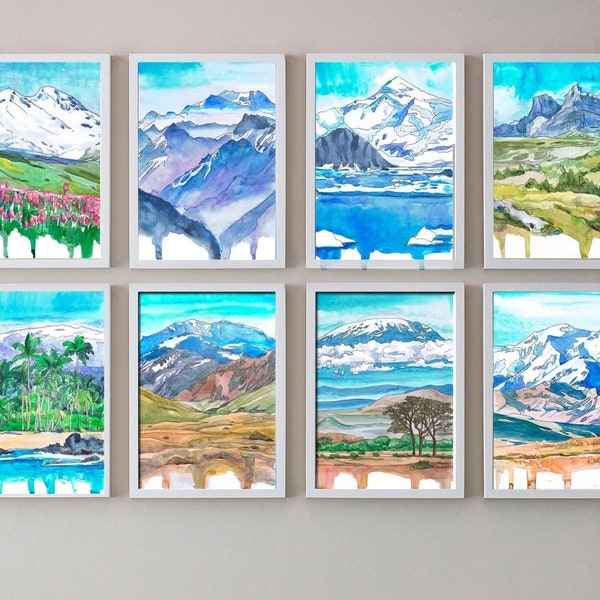 Mountain Wall Art Prints- Seven Summits Watercolor Painting -  Everest, Aconcagua, Denali, Kilimanjaro, Vinson, Elbrus, Puncak Jaya