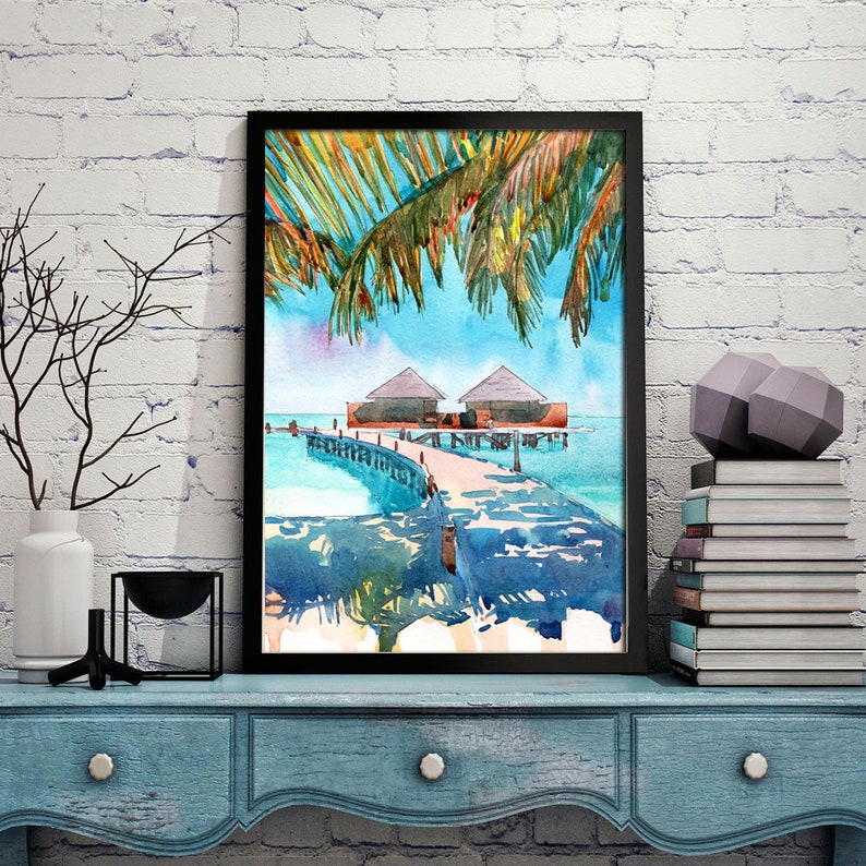 Maldives Art Print, Palm tree Beach Wall Art Watercolor Landscape Coastal Painting, Seascape Travel Poster image 7