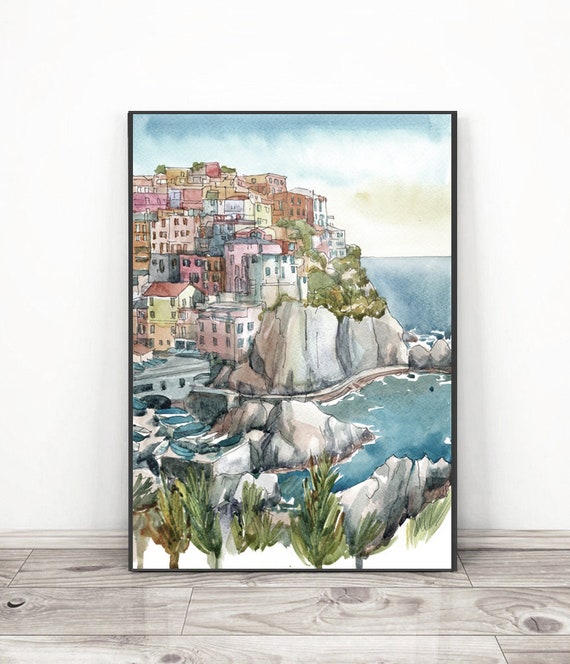 Manarola Italy Art Print: Cinque Terre Watercolor Seascape