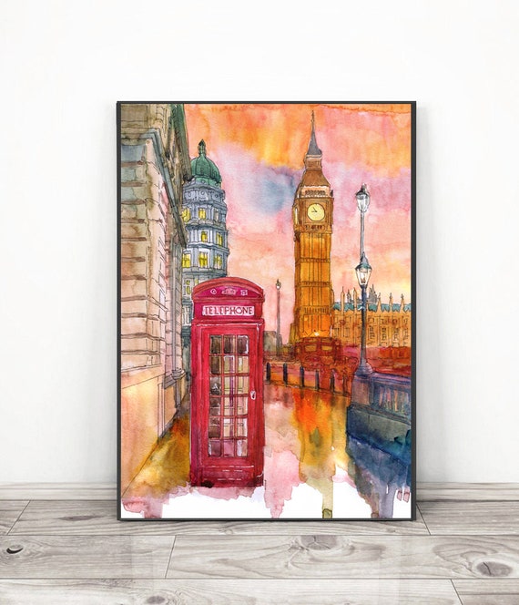 London Skyline Art, Watercolor Painting  Big Ben Sketch, British theme London Wall Art Print, Abstract Cityscape