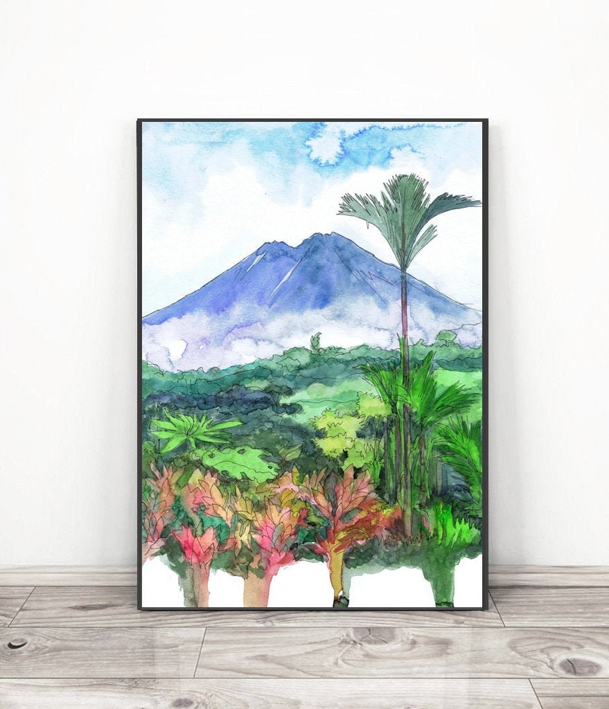 Costa Rica Art, Landscape Watercolor Painting, Palm Tree Print