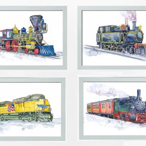 Stoomtrein - 4-delige muurkunst, galerijmuurset, locomotief kinderkamerkunst, vervoer, aquarelverf - decor peuterjongen