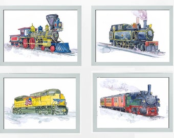 Steam Train - 4 piece wall art, Gallery wall set , Locomotive Nursery Art , Transportation, Watercolor Painting - Toddler Boy Room Decor