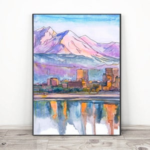 Anchorage Skyline Watercolor Painting Print, Cityscape  Alaska Landscape, Travel Poster