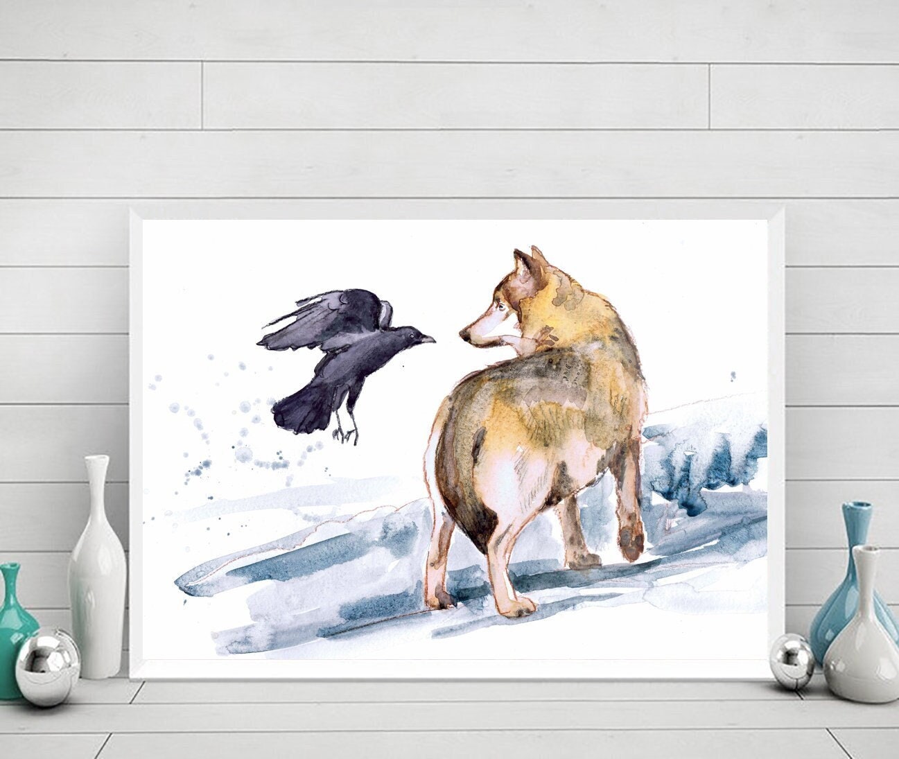 狼とカラスのアートプリント水彩画、精霊動物の絵画アート作品