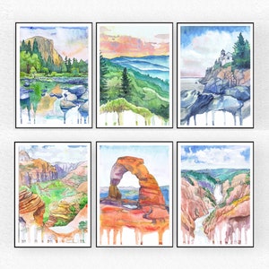 National parks Set of 6 Prints Watercolor Painting - Grand canyon, Zion, Yellowstone, Yosemite, Arches, Acadia, Great smoky mountains Hiking