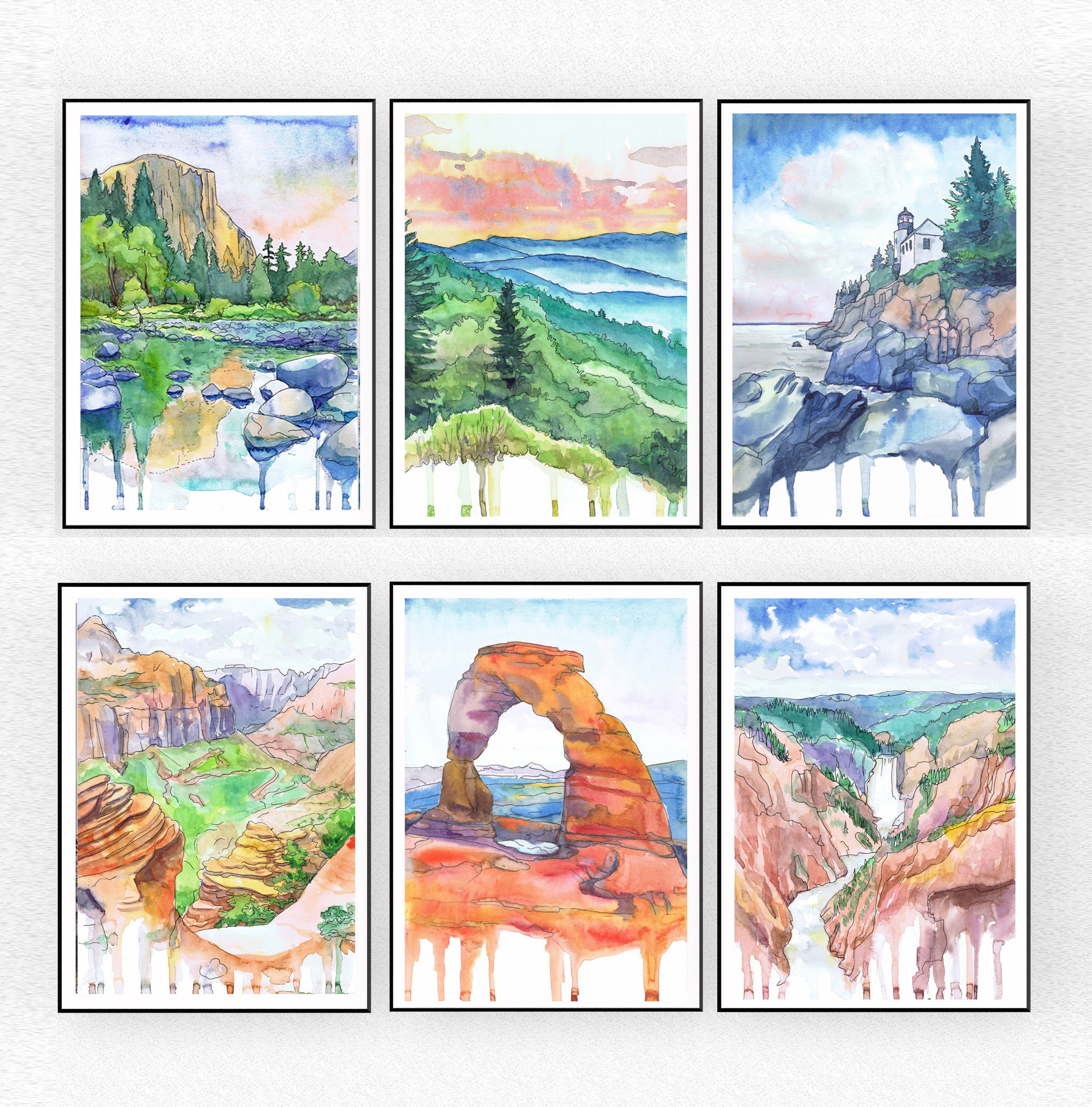 風景画 アートプリント 国立公園の水彩画アートプリント：風景画6枚セット - Etsy 日本