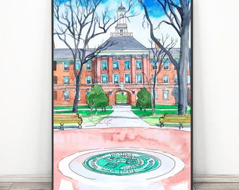 Miami University Ohio Art Print, Watercolor Painting , Oxford Abstract Cityscape
