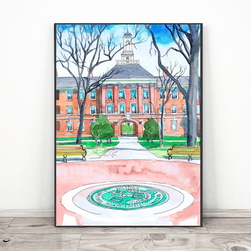 Impression d'art de l'université de Miami, Ohio, aquarelle, paysage urbain abstrait d'Oxford