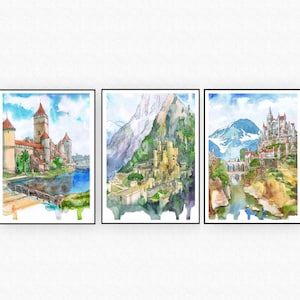 Château de sorcière Art Set de 3 estampes Fantastique Ville Art, Paysage fantastique Aquarelle Peinture Jeu Décor Voyage Imprimer Affiches de Jeux Vidéo Multicolore