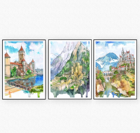 Witch Castle Art Set of 3 Prints Fantastic City Art, Fantasy Landscape  Watercolor Painting Game Decor Travel Print Video Game Posters 