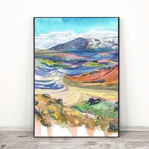 Hawaii Wall Art, Haleakala National park Art Print Coast Watercolor Painting