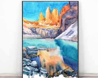 Torres del Paine Chile Art, South America Patagonia Art Print Watercolor painting - National park Travel Poster Mountain wall art