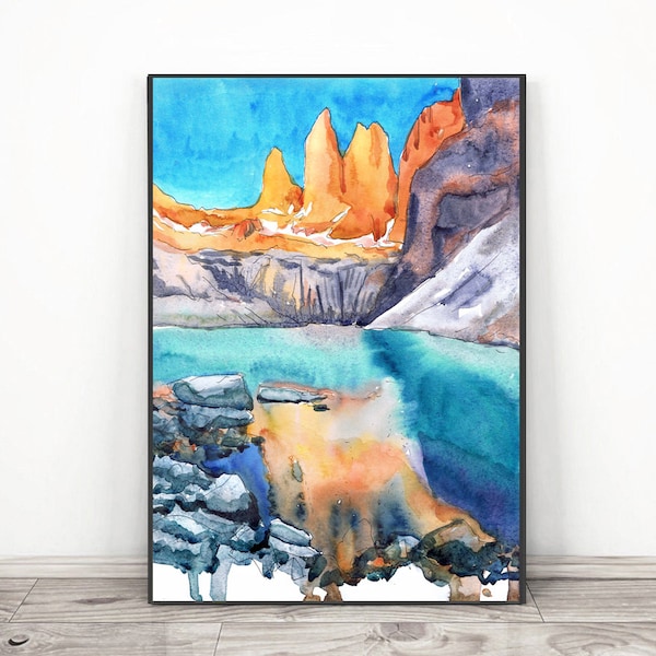 Torres del Paine Chile Art, South America Patagonia Art Print Watercolor painting - National park Travel Poster Mountain wall art