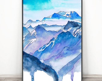 Himalaya Nepal Poster Mt Everest Kunst - Berg Wand Kunst, Mount Everest Klettern Plakat, Seven Gipfel Aquarell Malerei Landschaft