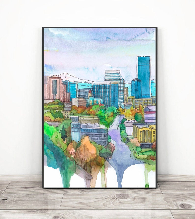 Portland Oregon Skyline Wall Art Print City Watercolor Etsy