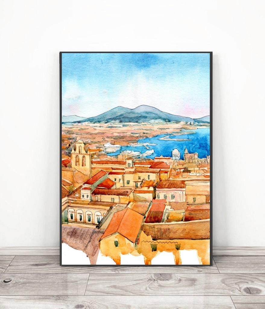ナポリ絵画イタリアアートプリント、地中海ジクレー水彩都市ポスター