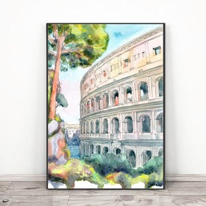 Rome Art print Italy poster, Colosseum Watercolor painting , Europe skyline wall art